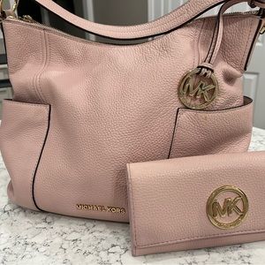 Michael Kors over the shoulder, blush pink tote with matching wallet